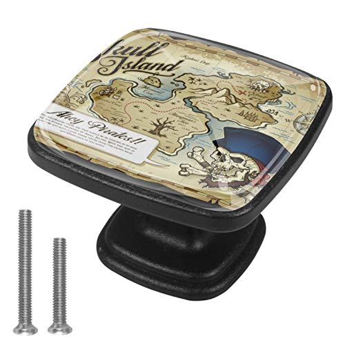 Set di 4 pezzi con maniglia quadrata per armadio da cucina, credenza, cassettiera, cassettiera, con viti, per cucina, comò, armadietto, bagno, armadio con teschio e mappa del tesoro