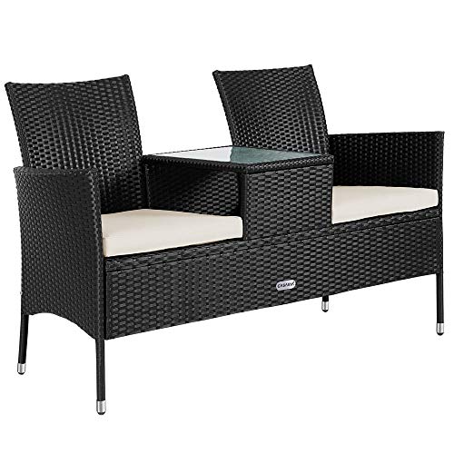 Casaria Panchina da Giardino Polyrattan 2 Posti Tavolino Vetro Cuscini Idrorepellenti 7cm Nero