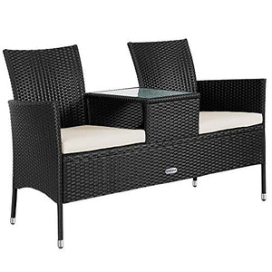 Casaria Panchina da Giardino Polyrattan 2 Posti Tavolino Vetro Cuscini Idrorepellenti 7cm Nero