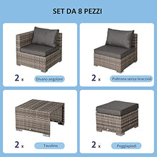 Outsunny Divano da Esterno in Rattan e Alluminio, Set 8 Pezzi, Salottino da Giardino Grigio, Salvaspazio (75x75x71cm)