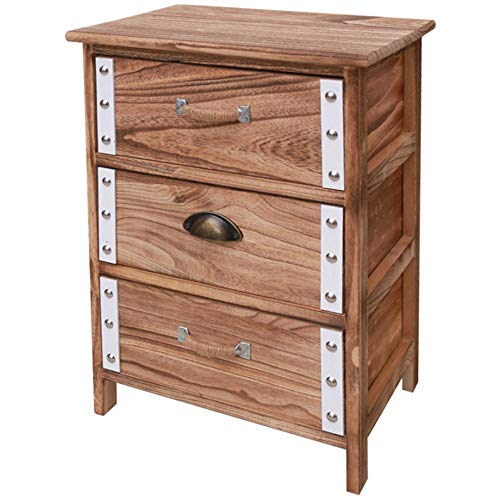 BAKAJI Mobile Cassettiera Mobiletto 3 Cassetti in Legno MDF Brown con Decorazioni in Legno Nianco e Borchie Design Moderno Arredamento Casa (30 x 41 x 58 cm)