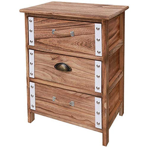 BAKAJI Mobile Cassettiera Mobiletto 3 Cassetti in Legno MDF Brown con Decorazioni in Legno Nianco e Borchie Design Moderno Arredamento Casa (30 x 41 x 58 cm)