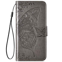 Saceebe Compatibile con Huawei Y7 2019 Custodia pelle Cover a libro Portafoglio Flip Case [Custodia in pelle goffrata con fiori e farfalle con cordino] anteriore e posteriore Bumper Case,grigio