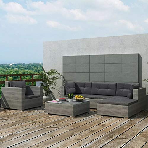 OUSEE Set Divani da Giardino 6 pz con Cuscini in Polyrattan Grigio