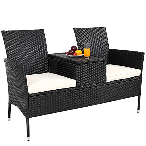 Casaria Panchina da Giardino Polyrattan 2 Posti Piano Tavolo in WPC Cuscini Idrorepellenti 7cm Nero