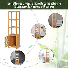 homcom Mobile Alto Bagno/Terrazzo, Scaffale a Torre in Bambù 4 Ripiani + Armadietto con Anta, 36x33x140cm, Color Legno