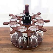 H-Porta Bottiglie da Vino 1 Bottiglia 8 Bicchieri di Vino Rack di Legno Forma Timone Brown