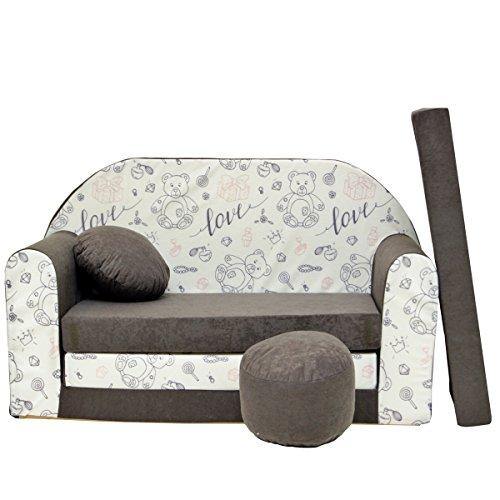 A47 bambini Sofa Divano Letto Divano Sofa Mini Couch 3 in 1 Baby Set + sedia per bambini e cuscino + MATERASSO Grigio Teddy - Arredi Casa