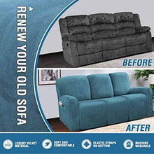 Velluto Copripoltrona Relax Elasticizzato, Morbido Felpa Poltrona Reclinabile Cover per 3 Divano Cuscino Antiscivolo Fodera per Poltrona con Tasca Laterale per Soggiorno-Blu-B-3 Posti