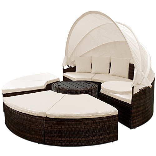 Deuba Salottino ad Isola in Poly Rattan Ø185cm Marrone Seduta Imbottita 7cm e 3 Cuscini Parasole Tavolo telescopico WPC