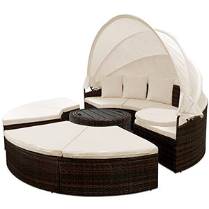 Deuba Salottino ad Isola in Poly Rattan Ø185cm Marrone Seduta Imbottita 7cm e 3 Cuscini Parasole Tavolo telescopico WPC