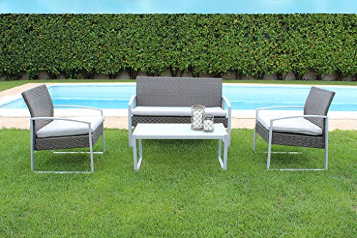 Milani Home s.r.l.s. Salotto da Esterno per Portico e Giardino con Cuscini in Metallo e Wicker Intrecciato Rattan Sintetico, D.11 x 62 x 75/P.59 x 62 x 75/T.83,5 x 45 x 37,5