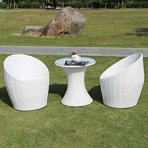 Set di Mobili da Giardino per Esterni, 3 Pezzi di Sedia in Vimini E Tavolino in Vetro Set di Conversazioni Set di Mobili Combinati in Rattan per Giardino Domestico per Tutte Le Stagioni,Bianca