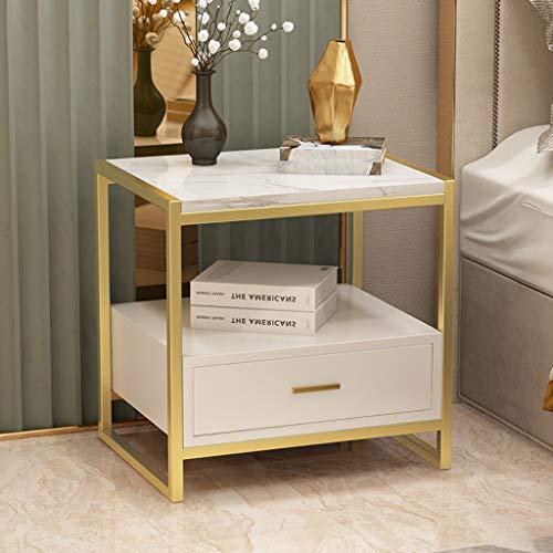 Lucky Star Comodino in Marmo Faux con cassetto, agriturismo Industriale Telaio in Metallo Square Square Sightstand Soggiorno con scaffale per stoccaggio Tabella Finale 50x40x50cm