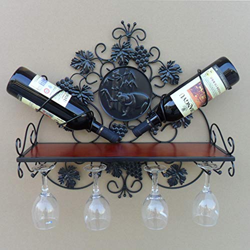 MYHZH Parete Wine Rack attaccatura del Supporto di Bottiglia del Vino Metallo Ferro Vino Calici Holder Mensole Calici Bagagli - Contiene 2 Bottiglie e 4 Bicchieri, Home Bar Mobili,Nero