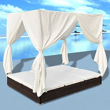 Festnight Lettino Prendisole Letto Matrimoniale Prendisole Reclinabile a Baldacchino con Tende in Polirattan Marrone/Nero da Mare/Picsina/Giardino/Patio per Esterni 197 x 140 x 180 cm