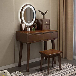 DD&QG Tavolo da Trucco con 2 Cassetti Scorrevoli,Toeletta con Specchio di Attenuazione Touch Screen,Moderno Camera da Letto Tavolo Cosmetici Specchio E Set di Sgabello-Noce 80x40x126cm(31x16x50inch)