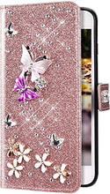 Custodia Compatibile con Samsung Galaxy J6 2018 Cover Sparkle Bling Diamante e Farfalla Pelle PU Portafoglio Libretto Magnetica Cover Brillante Fiore Libro Folio Flip Cover Silicone Cover Oro Rosa