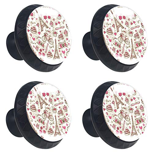 Set di 4 maniglie rotonde per armadio da cucina, credenza, cassettiera, cassettiera, con viti, per cucina, comò, armadietto, bagno, armadio, torre Eiffel di Parigi