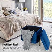 Sgabello Contenitore in flanella con vano portaoggetti e coperchio, Pouf Poggiapiedi Ottomano quadrata con robuste gambe in ferro, Portante 80 kg, per Camera da Letto Soggiorno, 37x37x42cm(Blu Scuro)