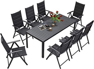 PURPLE LEAF Set di mobili da giardino in alluminio 8+1, tavolo e sedie, sedie regolabili in 5 posizioni, sedie pieghevoli, terrazze, cortili posteriori, colore: nero