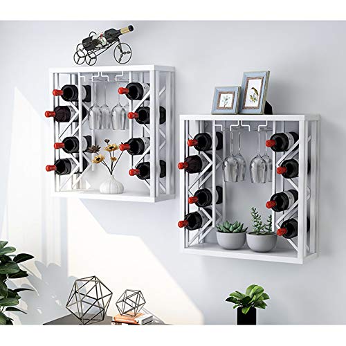 CGF- Porta Bottiglie da Vino Set di 2 portabottiglie da Parete con 4 calici e 10 Bottiglie ， Portabottiglie da Appendere in Metallo Rustico Accessori per Vino, mensole in Ferro (Oro, Nero, Bianco)