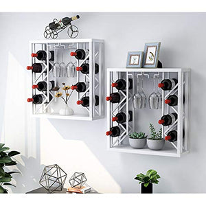 CGF- Porta Bottiglie da Vino Set di 2 portabottiglie da Parete con 4 calici e 10 Bottiglie ， Portabottiglie da Appendere in Metallo Rustico Accessori per Vino, mensole in Ferro (Oro, Nero, Bianco)