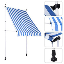Zerone - Tenda da sole per balcone, con manovella, resistente ai raggi UV, regolabile in altezza con 10 fori, 2 x 1,2 m (strisce blu e bianco)