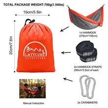 LATTCURE Amaca da Campeggio da Viaggio per 2 Persone Ultraleggera Portatile capacità di Carico 300kg, 270 x140 cm, 2 x Moschettoni 2 x Corde in Nylon, per Esterno Interno Giardino Campeggio,Trekking