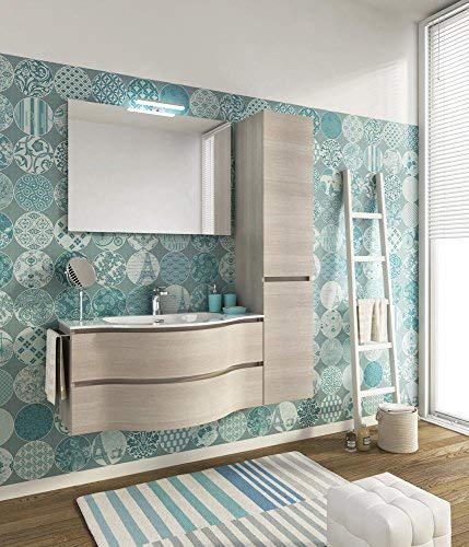 Mobile da bagno con cassettoni e colonna con sportelli Misura: L.105 P.52/35 cm Finitura: Rovere Tranche? Chiaro Top: Top Lavabo In Ocritech Con Vasca Integrata - 100% made in Italy