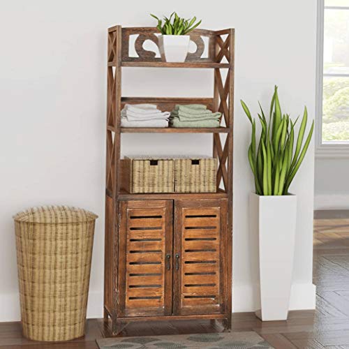 Armadietto da Terra in Legno per Il Bagno 46 x 24 x 117.5 cm Mobiletto Alto da Bagno con 3 Scomparti e 2 Ante - in Legno di paulownia e MDF-Marrone