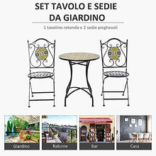 Outsunny Set Tavolo e Sedie da Giardino 3 Pezzi, Mobili da Esterno Pieghevoli in Metallo con Maioliche Colorate
