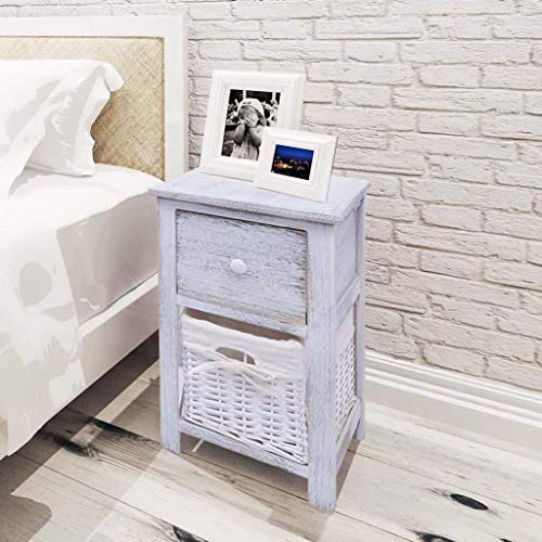 Zora Walter - Comodino in Legno, Stile Shabby Chic, Colore: Bianco Comò per Camera da Letto, con 1 cassetto e 1 Cesto in Rattan