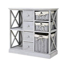 Rebecca Mobili Credenza cucina, cassettiera bagno legno e vimini, 4 cassetti 3 ceste, grigio, shabby country - Misure: 69 x 69 x 30 cm (HxLxP) - Art. RE4016
