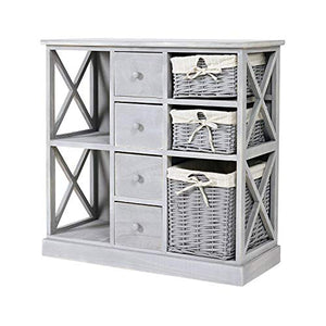 Rebecca Mobili Credenza cucina, cassettiera bagno legno e vimini, 4 cassetti 3 ceste, grigio, shabby country - Misure: 69 x 69 x 30 cm (HxLxP) - Art. RE4016