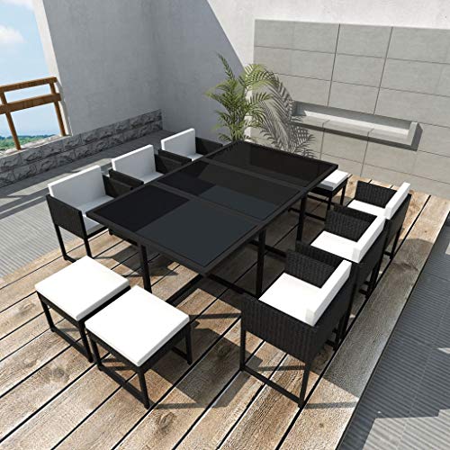 OUSEE Set da Pranzo da Giardino 11 pz con Cuscini in Polyrattan Nero