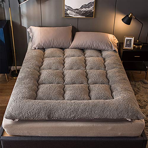 HXSKI Lana d'Agnello Mantieni Caldo Sleeping Pad,Comodi Morbido Tatami Materasso Futon,Pieghevole con 4 Cinturino Elastico Materasso,Adatto A Tutti Gli Usi-Grigio 150x200cm(59x79inch)