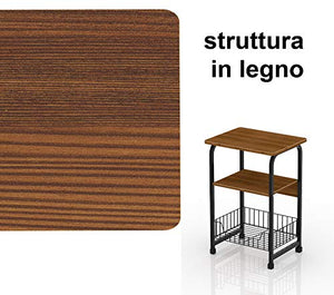 Tavolino quadrato in legno con gambe in ferro battuto con pannello in legno e ripiano/cassettiera con griglia