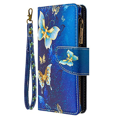 Nadoli Cerniera Custodia Portafoglio per Samsung Galaxy A72,Colorato 9 Slot per Schede in Pelle Oro Farfalla Cinturino da Polso a Libro con Supporto Magnetico Flip Cover