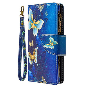 Nadoli Cerniera Custodia Portafoglio per Samsung Galaxy A72,Colorato 9 Slot per Schede in Pelle Oro Farfalla Cinturino da Polso a Libro con Supporto Magnetico Flip Cover