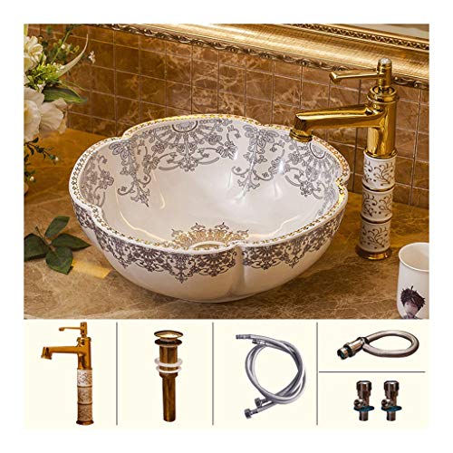 lilili Lavabo da Appoggio Wash Basin Lavabi- Lavabo da Bagno Lavabo da Appoggio in Ceramica retrò in Stile Americano Lavabo Rotondo in Ceramica sopra Casa 42x42x15cm (Color : There Are Accessories)
