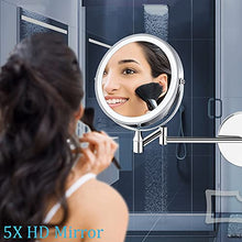 MRJ Specchio Trucco con Ingrandimento 5X/1X Specchio Bagno con Luci a 3 Colori Luminosità Regolabile Specchio Ingranditore da Parete Rotazione a 360° Batterie al Litio 2000mAh per Bagno Hotel Spa