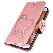 Saceebe Compatibile con Huawei Honor 6 Custodia pelle Cover a libro Portafoglio Flip Case [Custodia in pelle goffrata Love con cordino] Farfalla diamante Anteriore e posteriore Cover,oro rosa