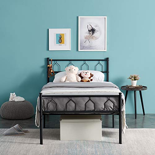 HJhomeheart Struttura Letto Singolo Letto Singolo in Ferro Battuto Moderno Struttura Piattaforma con Testiera Winebowl, Giroletto con Doghe in Metallo per Adulti, Letto 90 x 190 cm, Nero