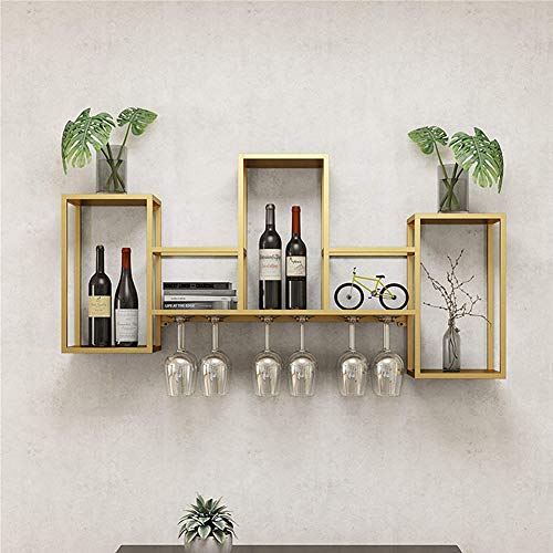 BFDMY Ripiani A Muro per Esposizione di Vini, Porta Bottiglie da Vino Portabottiglie da Parete con Ripiano Espositivo Portabottiglie Industriale da Appendere con 6 Portabicchieri,Oro