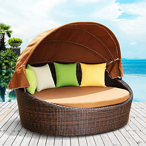 Lettino da Esterno in Vimini in Rattan, Sedie A Sdraio per Balcone, Baldacchino Retrattile, Divano Rotondo A Bordo Piscina, Divano Letto con Cuscini per Patio, Prato, Giardino, Cortile, Portico