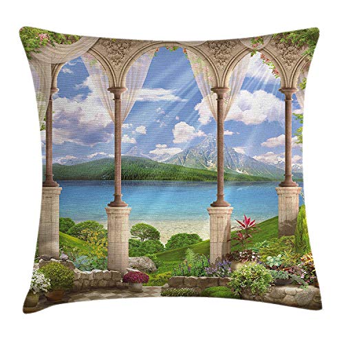 Cuscino Cuscino Decor Decor Italiano, Antico Arco Antico in Pietra con Vista sul Balcone Balcone Piante da Giardino Affresco, Federa decorativa in stile quadrato, 18 X 18 pollici, Multicolore