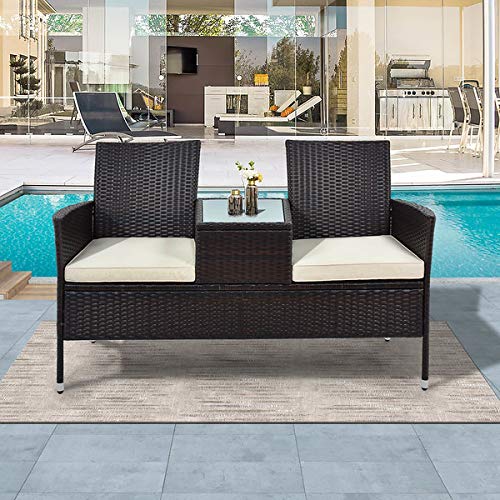 Panchina da giardino in polyrattan, con tavolo da 2 posti, cuscini da 5 cm