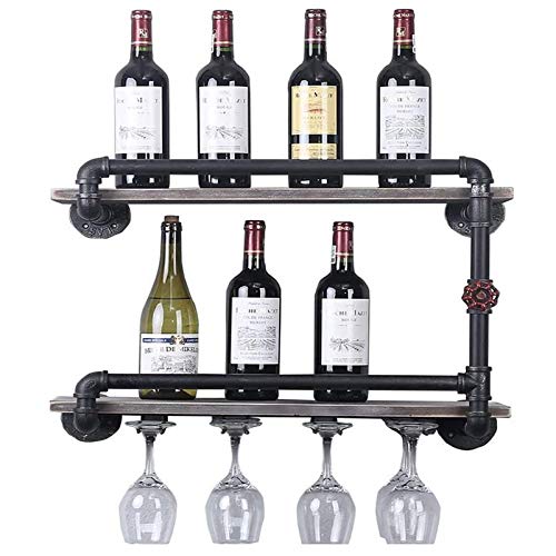 HOYX - Wine Rack Supporto per Vino da Parete angolare per Tubi industriali, mensola per mensole in Legno, Supporto per Bottiglie in Metallo, Organizer per Bar, Arredamento per casa e Cucina