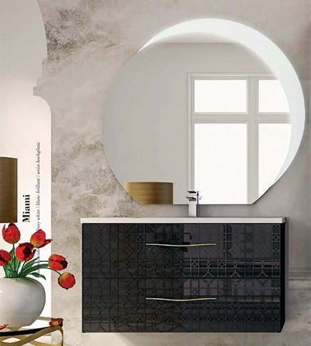 Mobile bagno sospeso moderno Floreale Miami nero,cm 100, specchio led e lavabo